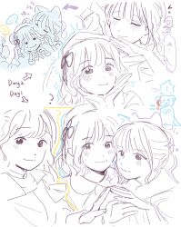 ! 3girls 4th_live_dream_~bloom_the_dream_believers~ :i ? animification arrow_(symbol) beret blunt_bangs blush bob_cut collared_dress colored_speech_bubble commentary dream_believers dress flower_knot greyscale hands_on_own_cheeks hands_on_own_face hat hayama_fuka highres kurusu_rin link!_like!_love_live! looking_at_viewer love_live! monochrome multi-tied_hair multiple_girls ponytail real_life rounded_corners sakurai_hina short_hair speech_bubble spoken_exclamation_mark spot_color symbol-only_commentary voice_actor woodonly