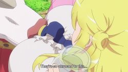 1girl animated anime_screenshot between_breasts blonde_hair blue_eyes bouncing_breasts braid breast_press breasts closed_eyes cow cushion enome face_to_breasts frilled_shirt frills futoku_no_guild highres huge_breasts jacket long_hair long_sleeves looking_at_viewer mature_female orange_jacket shirt sidelocks smile sound subtitled tagme video white_shirt