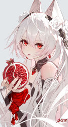 1girl absurdres ai_dongdong dress earrings food fruit gem grey_background hair_between_eyes highres holding holding_food holding_fruit honkai_(series) honkai_impact_3rd jewelry long_hair looking_at_viewer parted_lips pomegranate red_eyes red_gemstone signature simple_background solo theresa_apocalypse theresa_apocalypse_(luna_kindred) theresa_apocalypse_(lunar_vow:_crimson_love) theresa_apocalypse_(till_death_do_us_part) upper_body white_dress white_hair