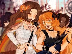 2boys 2girls :d alternate_costume bare_shoulders black_bow black_choker black_dress black_hair bow bracelet brown_hair brown_hairband cape choker closed_eyes dark-skinned_male dark_skin dress earrings freckles green_eyes hair_bow hairband heathcliff_(project_moon) highres holding holding_microphone_stand hong_lu_(project_moon) hoop_earrings ishmael_(project_moon) jewelry limbus_company long_hair looking_at_viewer microphone_stand multiple_boys multiple_girls music nail_polish necklace open_mouth orange_hair project_moon red_cape ring rodion_(project_moon) singing smile standing upper_body very_long_hair white_dress wu_kai_zajiao_shiyan_shi