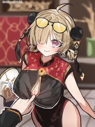 1boy 1girl ahoge black_dress blonde_hair breasts character_request china_dress chinese_clothes cleavage cleavage_cutout clothing_cutout dress eyewear_on_head hair_over_one_eye highres one_eye_covered pov pov_hands purple_eyes shitsu_(kurikaesi) smile tinted_eyewear twitter_username wise_(zenless_zone_zero) yellow-tinted_eyewear yum_cha_sin_shopkeeper zenless_zone_zero