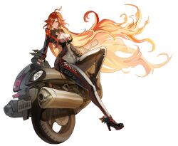 1girl absurdres ahoge biker_clothes bikesuit black_bodysuit black_gloves black_jacket blonde_hair bodysuit breasts cleavage cropped_jacket earrings fiery_hair floating_hair full-length_zipper genshin_impact gloves gradient_eyes highres jacket jewelry large_breasts long_hair long_sleeves looking_at_viewer mavuika_(genshin_impact) motor_vehicle motorcycle multicolored_eyes multicolored_hair orange_eyes orange_hair orange_pupils parted_lips red_hair sevenninet47503 sideless_outfit simple_background sitting smile solo strapless_bodysuit sun_earrings symbol_in_eye thick_thighs thighs very_long_hair white_background wide_sleeves zipper zipper_pull_tab