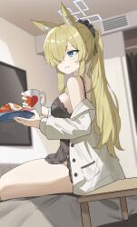 1girl absurdres alternate_costume alternate_hairstyle animal_ear_fluff animal_ears babydoll black_babydoll black_scrunchie blonde_hair blue_archive blue_eyes blue_halo blurry blurry_background blush breasts commentary_request cup dddm dog_ears dog_girl extra_ears flat_screen_tv fried_egg hair_ornament hair_over_one_eye hair_scrunchie halo heart heart_print highres holding holding_cup holding_plate indoors kanna_(blue_archive) large_breasts long_hair long_sleeves mug off_shoulder open_clothes open_shirt plate ponytail scrunchie shirt sitting solo television thighs white_shirt