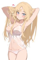 1girl armpits arms_up blonde_hair blue_eyes blush braid breasts card_game cleavage collarbone duel_monster ecclesia_(yu-gi-oh!) facial_mark forehead_mark frilled_negligee highres incredible_ecclesia_the_virtuous long_hair looking_at_viewer medium_breasts midriff navel nbee_ya panties simple_background smile solo stomach underwear white_background white_negligee white_panties yu-gi-oh!