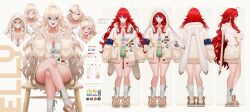 1girl absurdres animal_hood animal_slippers badge black_nails blonde_hair blue_eyes braid breasts bunny_slippers cardigan cleavage closed_eyes closed_mouth collarbone color_guide crossed_legs elly_(vtuber) elly_(vtuber)_(pajamas) glasses green_eyes hair_between_eyes hair_ornament heart heart-shaped_pupils highres hood hood_down hood_up hooded_cardigan indie_virtual_youtuber jewelry long_hair multiple_expressions multiple_views nail_polish necklace nose_bubble official_alternate_eye_color official_alternate_hair_color on_chair open_mouth pajamas rabbit_hood red_hair reference_sheet ribbed_socks riki-to ring round_eyewear sitting sleeves_past_fingers sleeves_past_wrists slippers smile socks symbol-shaped_pupils twitter_username virtual_youtuber white_cardigan white_socks zzz