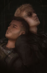 Rule 34 | 2boys, absurdres, adam&#039;s apple, belt, black belt, black jacket, blonde hair, blue eyes, brown hair, call of duty, call of duty: modern warfare 2, chest belt, closed eyes, closed mouth, commentary, dirty, dirty face, english commentary, eyelashes, facial hair, ghost (modern warfare 2), head on another&#039;s shoulder, head rest, highres, jacket, jeleynai, looking ahead, male focus, mohawk, multiple boys, multiple scars, realistic, scar, scar on face, signature, soap (modern warfare 2), upper body