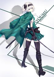 1girl adapted_costume belt black_belt black_boots black_gloves black_hairband black_ribbon blue_eyes bob_cut boot_straps boots character_name closed_mouth commentary_request elbow_gloves expressionless gloves green_kimono green_skirt green_vest hair_ribbon hairband high_heels highres holding holding_sword holding_weapon japanese_clothes katana kimono knee_boots konpaku_youmu light_particles looking_at_viewer looking_back multiple_belts open_clothes open_kimono puffy_short_sleeves puffy_sleeves ribbon scabbard shadow sheath sheathed shirt short_hair short_sleeves skirt solo sword thighhighs tim86231 touhou unsheathed vest weapon white_hair white_shirt zettai_ryouiki