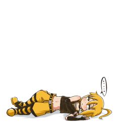 ... 1boy :&lt; akita_nero belt black_shirt blonde_hair blush crop_top full_body furrowed_brow highres looking_at_viewer lying male_focus navel on_side pants ponytail shirt smith_hioka solo speech_bubble spoken_ellipsis striped_clothes striped_pants tears vocaloid white_background yellow_eyes yellow_pants