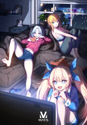 +_+ 3girls :3 alternate_costume barefoot baton_(weapon) black_hair blonde_hair blue_eyes book bookshelf bow clenched_hand clenched_hands coffee_table commentary_request couch double-parted_bangs drake_(nikke) eating fang food goddess_of_victory:_nikke hair_bow hair_ribbon hand_on_own_face highres holding holding_food holding_pizza hood hoodie indoors jacket knees_up korean_commentary laplace_(nikke) long_hair long_sleeves lying matis_(nikke) maxwell_(nikke) midriff multicolored_hair multiple_girls navel nose_bubble on_back on_couch open_mouth pajamas pants parted_hair picture_frame pizza plant potted_plant purple_hair red_eyes red_hoodie ribbon sidelocks sitting sleeveless slippers sports_bra streaked_hair syuen_(nikke) table television tokusatsu toriseru_(rare_stone) tress_ribbon twintails weapon white_hair wind yoga_pants
