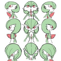1girl arms_at_sides bob_cut closed_mouth colored_skin covered_eyes cropped_torso female_focus flat_chest flat_color from_above from_below from_side gardevoir gen_3_pokemon green_hair green_skin hair_between_eyes hair_over_eyes hair_over_one_eye happy highres looking_at_viewer monya multicolored_skin multiple_views nintendo one_eye_covered pokemon pokemon_(creature) profile red_eyes short_hair simple_background sketch smile split_mouth straight-on two-tone_skin upper_body white_background white_skin
