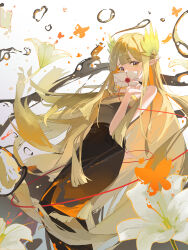 1girl absurdres arknights bare_shoulders black_skirt blonde_hair brown_tube_top chinese_commentary commentary covered_mouth elf flower hair_ornament highres holding holding_letter jebou_t letter long_hair mole mole_under_eye muelsyse_(arknights) pointy_ears skirt solo strapless tube_top very_long_hair water water_drop white_background white_flower yellow_eyes