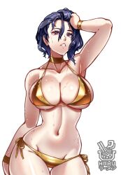 1girl alternate_costume alternate_hairstyle bangle bikini black_hair blue_hair bracelet breasts choker cleavage collarbone fire_emblem fire_emblem:_three_houses gold_bikini gold_bracelet gold_choker hakuramen highres jewelry large_breasts looking_at_viewer navel nintendo purple_eyes purple_hair shamir_nevrand short_hair sideboob simple_background skindentation smile solo stomach swimsuit thighs underboob wet wet_hair