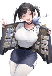 Rule 34 | 1girl, absurdres, belt, black belt, black hair, black jacket, black skirt, blush, breasts, brown eyes, commentary request, earrings, gabang, goddess of victory: nikke, highres, jacket, jewelry, large breasts, long hair, looking at viewer, miniskirt, mole, mole under eye, open clothes, open jacket, open mouth, opened by self, pantyhose, red eyes, shirt, shirt tucked in, simple background, skirt, smile, snake, snake earrings, solo, sora (nikke), teeth, twintails, upper teeth only, w, white background, white pantyhose, white shirt, white snake