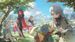 2boys 3girls adjusting_scarf afk_(series) afk_journey aqua_eyes argyle_clothes argyle_scarf armor arms_under_breasts backpack bag belt black_dress black_gloves black_hat blue_cloak blue_eyes blue_gemstone blue_hat blue_shirt blue_shorts blue_sky boots brooch brown_boots brown_hair building cassadee_(afk) chippy_(afk) cloak closed_mouth cloud crossed_arms day dress earrings elbow_gloves falling_leaves four-pointed_star furry furry_male gem glint gloves grass grey_dress grey_hair grey_necktie grey_thighhighs hamster_boy hand_on_own_knee hat hat_feather helmet high_heels jewelry leaf long_hair long_sleeves looking_at_another mingchun mirael_(afk) multiple_boys multiple_girls necklace necktie on_rock pants parted_bangs red_hair red_scarf river scarf sheath sheathed shirt short_hair shorts shoulder_armor side_slit sitting sitting_on_fence sky sleeveless sleeveless_dress standing star_ornament straight_hair striped_clothes thighhighs town tree valen_(afk) vertical-striped_clothes very_long_hair vest vial witch_hat