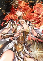 1girl absurdres ancient_greek_clothes armor artist_name augusta_(wuthering_waves) breastplate breasts chinnpou commentary cowboy_shot earrings greco-roman_clothes headgear highres jewelry large_breasts long_hair looking_at_viewer orange_hair parted_lips red_eyes solo sun_earrings symbol-only_commentary v-shaped_eyebrows wuthering_waves