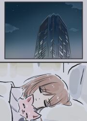 1girl :3 bang_dream! bang_dream!_it&#039;s_mygo!!!!! brown_hair building closed_eyes closed_mouth commentary dog highres lyy nagasaki_soyo sky sleeping solo star_(sky) starry_sky symbol-only_commentary under_covers