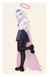 Rule 34 | 1girl, absurdres, black pantyhose, blue archive, breasts, dcmec, grey hair, hair ornament, highres, long hair, looking at viewer, necktie, open mouth, pantyhose, plana (blue archive), school uniform, skirt, solo