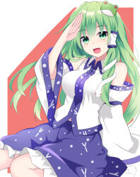 1girl bare_shoulders blue_skirt breasts collared_shirt detached_sleeves dot_nose double-parted_bangs frog_hair_ornament green_eyes green_hair hair_intakes hair_ornament hair_tubes kochiya_sanae large_breasts light_blush long_hair long_sleeves looking_at_viewer midriff_peek open_mouth patterned_clothing petticoat print_skirt salute shirt simple_background single_hair_tube single_sidelock sitting skirt skirt_set sleeve_ribbon sleeveless sleeveless_shirt snake_hair_ornament solo tanaka_shoushou_fumimaro touhou two-tone_background very_long_hair wide_sleeves wing_collar