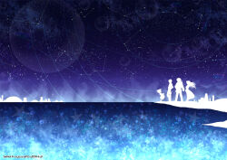 2boys 2girls aine_(hoshi_wo_miru_hito) artist_name boots child commentary_request constellation dated dress full_body fuyuzato_seia hand_on_own_hip hoshi_wo_miru_hito jacket long_dress long_hair long_sleeves maid_headdress minami_(hoshi_wo_miru_hito) misa_(hoshi_wo_miru_hito) multiple_boys multiple_girls ocean one_side_up pants shiba_(hoshi_wo_miru_hito) short_hair silhouette sky skyline star_(sky) stargazer_(series) starry_sky very_long_hair wind
