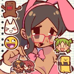 Rule 34 | 1girl, animal ear hairband, animal ears, artist self-insert, bare shoulders, black eyes, black hair, bow, bowtie, breasts, character charm, character request, charm (object), cleavage, close-up, copyright request, dark-skinned female, dark skin, ethan (pokemon), fake animal ears, glasses, gudetama, hairband, highres, leotard, long hair, medium breasts, nakano yotsuba, nintendo, open mouth, original, parted bangs, pink bow, pink bowtie, pink hairband, pink leotard, playboy bunny, pokemon, pokemon adventures, pokemon hgss, red-framed eyewear, sanrio, silver (pokemon), smile, sofo soup, solo, upper body, wrist cuffs, yotsubato!
