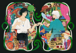 Rule 34 | 1boy, 1girl, 8er8er1s, aqua dress, black hair, black pants, blue eyes, blue gemstone, blue hat, book, brown eyes, brown hat, closed mouth, commission, couple, curtains, dress, earrings, flower, gem, hair between eyes, hand on own chest, hat, hat flower, hetero, highres, holding hands, howl pendragon, howl no ugoku shiro, jewelry, long dress, long sleeves, necklace, pants, parted lips, pearl necklace, pincushion, shirt, short hair, short sleeves, smile, sophie hatter, sun hat, upper body, white hair, white shirt