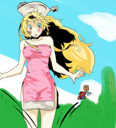 1boy 1girl bare_shoulders blonde_hair blush brown_eyes dress embarrassed final_fantasy final_fantasy_tactics hat ikkomadestroyer iwamasama long_hair mario mario_(series) nintendo no_panties orator_(fft) outdoors panties pixel_art sky strapless strapless_dress super_mario_bros._1 underwear
