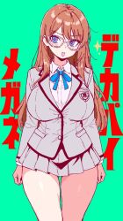 1girl blue_bow blue_bowtie blue_eyes blush bow bowtie breasts brown_hair bungeiman_masa collared_shirt cowboy_shot glasses green_background grey_jacket grey_skirt high_contrast highres jacket large_breasts long_hair miniskirt original school_uniform shirt simple_background skirt solo star-shaped_pupils star_(symbol) symbol-shaped_pupils white_shirt