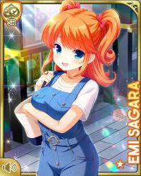 1girl :d bean_bag blue_eyes bow character_name city denim_overalls girlfriend_(kari) official_art open_mouth orange_hair outdoors qp:flapper red_bow sagara_emi shirt shorts smile solo tagme thighhighs white_shirt