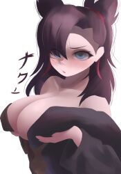 1girl absurdres blue_eyes breasts brown_hair cleavage grabbing_another&#039;s_breast grabbing_own_breast groping highres large_breasts long_hair looking_at_viewer marnie_(pokemon) naxless nintendo pokemon pokemon_swsh simple_background solo white_background