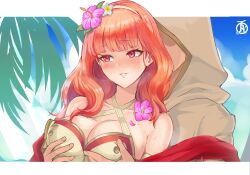 1boy 1girl bare_shoulders beach bikini blush breasts breath brown_bikini celica_(fire_emblem) celica_(summer)_(fire_emblem) cleavage collarbone criss-cross_halter fire_emblem fire_emblem_echoes:_shadows_of_valentia fire_emblem_heroes flower flower_hairband grabbing_another&#039;s_breast grabbing_from_behind groping hair_flower hair_ornament hairband halterneck heavy_breathing hetero highres hood kiran_(fire_emblem) large_breasts lips long_hair male_kiran_(fire_emblem) naughty_face nintendo ocean official_alternate_costume outdoors palm_tree parted_lips red_eyes red_hair revolverwing smile solo_focus summer swimsuit tree upper_body