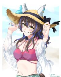 1girl animal_ears aqua_nails bikini black_bow blue_hair blue_nails blush bow brown_hair commentary_request daitaku_helios_(umamusume) ears_through_headwear grin halterneck hat hat_bow highres horse_ears horse_girl long_hair looking_at_viewer multicolored_hair multicolored_nails nail_polish navel pink_bikini smile solo sticker_on_face stomach straw_hat streaked_hair swimsuit teeth twitter_username uma_motiyodor umamusume upper_body yellow_eyes yellow_nails