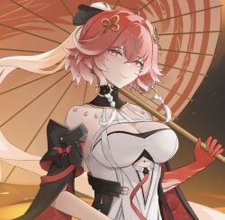 1girl absurdres bare_shoulders breasts changli_(wuthering_waves) chinese_clothes cleavage closed_mouth cropped dress duplicate gloves hair_between_eyes hair_ornament highres holding holding_umbrella kai_(zzdv7453) large_breasts long_hair looking_at_viewer oil-paper_umbrella pink_hair red_gloves smile solo umbrella white_dress wuthering_waves yellow_eyes