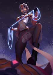 1girl absurdres alien black_pantyhose breasts carmeara chinese_commentary closed_mouth energy energy_whip h.an_(516635864) highres holding holding_whip light_smile lips medium_breasts midriff navel orange_eyes pantyhose purple_lips solid_eyes solo_focus standing star_(sky) stepped_on tokusatsu torn_clothes torn_pantyhose ultra_series ultraman_trigger ultraman_trigger_(series) whip