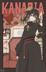 1boy absurdres androgynous arched_crown baggy_pants balloon belt ben-day_dots black_hair black_hat black_pants black_shirt border bottle brown_border card character_name collared_shirt commentary crossed_bangs crown dot_nose dress_shirt english_commentary envy_baby_(vocaloid) eyeliner film_grain floating_hair flower full_body golden_rose hair_flower hair_ornament hand_on_own_hip hat head_tilt highres indie_virtual_youtuber kanaria_(vtuber) kani02030 king_(vocaloid) long_sleeves looking_at_viewer makeup male_focus medium_hair neck_ribbon pants picture_frame plant playing_card potted_plant puffy_long_sleeves puffy_sleeves red_eyes ribbon screentones shirt sidelocks signature solo stone_wall tassel throne wall_shelf