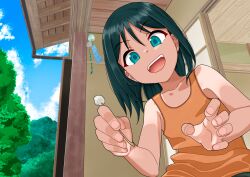 1girl absurdres aqua_eyes asmr day highres inu_chikushou itoko_no_ko mimikaki open_mouth shirt_tan smile solo sou_(itoko_no_ko) tan tank_top tanline tree wind_chime