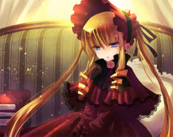 Rule 34 | 1girl, bad id, bad pixiv id, blonde hair, blue eyes, bonnet, dress, frills, gothic lolita, lolita fashion, long hair, long sleeves, red dress, rozen maiden, shinku, solo, twintails, yukika