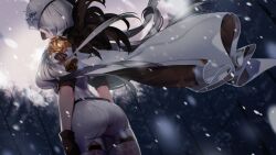 1girl arms_at_sides ass belt black_belt black_gloves breasts cape cloud cloudy_sky dutch_angle epaulettes feather_coat floating_cape forest game_cg gloves hair_over_breasts hair_over_one_breast hair_over_shoulder hat highres impossible_clothes large_breasts light_blush long_hair looking_at_viewer military_hat military_uniform miracle_snack_shop nature non-web_source nose official_art pantyhose philia_salis print_pantyhose see-through_clothes see-through_thighhighs shadow short_sleeves sitting sky smile snow snowflake_print solo standing talesshop thighhighs thighs ukero white_cape white_hair white_hat wind
