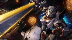 absurdres advance_of_zeta battle copyright_logo damaged debris dirty explosion fake_screenshot gundam gundam_battle_operation_2 highres machinery mecha mecha_focus mobile_suit nebula official_art painting_(medium) realistic robot scan science_fiction space star_(sky) sunrise_(company) sword tenjin_hidetaka thrusters titans_(gundam) tr-6_woundwort traditional_media weapon