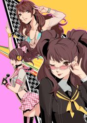 3girls aged_up arm_up black_choker black_shirt black_thighhighs brown_eyes brown_hair choker collarbone commentary eightyfourart eyewear_on_head headphones highres idol index_finger_raised kujikawa_rise long_hair looking_at_viewer midriff miniskirt multiple_girls multiple_persona neckerchief official_alternate_costume one_eye_closed persona persona_4 persona_4:_dancing_all_night persona_4_the_golden persona_dancing pink-tinted_eyewear pleated_skirt red_neckerchief school_uniform shirt skirt sunglasses suspenders thighhighs thighs tinted_eyewear tongue tongue_out twintails v white_shirt yasogami_school_uniform