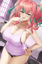 1girl :d aqua_hair azur_lane bed bedroom black_panties bracelet breasts bremerton_(azur_lane) curvy finger_to_mouth highres indoors jewelry large_breasts leaning_forward mole mole_on_breast mole_under_eye multicolored_hair open_mouth panties pendant pink_eyes pink_hair pink_tank_top red_nails shibata_rai smile solo streaked_hair sunlight tank_top trash_can twintails underwear wavy_hair window