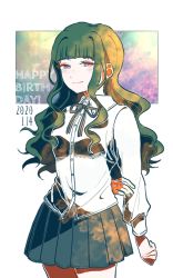 1girl arm_at_side arm_behind_back blunt_bangs blush closed_mouth collared_shirt commentary_request cowboy_shot danganronpa_(series) danganronpa_3_(anime) dated dress_shirt half-closed_eyes happy_birthday kiri_(2htkz) long_hair long_sleeves looking_at_viewer neck_ribbon pleated_skirt ribbon satou_(danganronpa) school_uniform shirt skirt smile solo white_background white_shirt