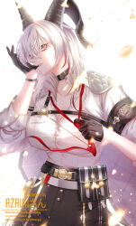 1girl armband azaikisan biting biting_glove black_armband black_choker black_gloves black_horns black_pants breasts button_gap chest_harness choker cleavage clothes_grab collarbone commentary curled_horns gloves hair_between_eyes harness high-waist_pants highres horns large_breasts long_hair loose_necktie multicolored_hair necktie necktie_grab neckwear_grab pants parted_lips red_eyes red_necktie shirt shirt_tucked_in solo streaked_hair white_background white_hair white_shirt wuthering_waves zani_(wuthering_waves)
