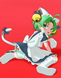 1girl absurdres ahoge apron aru_hasebe ass bell cat_tail dejiko di_gi_charat fang green_eyes green_hair highres jingle_bell looking_back open_mouth panties paw_pose red_background short_hair simple_background socks solo striped_clothes striped_panties tail underwear white_apron white_socks