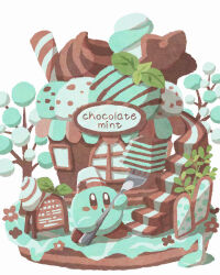 blush_stickers brown_eyes brown_hat building cake cake_slice colored_skin commentary food fork green_skin hat highres holding holding_fork kirby_(series) leaf miclot mint_chocolate nintendo no_humans simple_background stairs standing star_(symbol) white_background