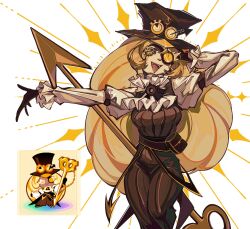 1girl :d alternate_skin_color arrow_(symbol) aynm010330 black_gloves blonde_hair blush_stickers breasts brown_hat chibi chibi_inset commentary cookie_run cookie_run:_ovenbreak english_commentary eyepatch frilled_sleeves frills gears gloves hand_in_own_hair hat highres humanization lips long_hair long_sleeves lowered_eyelids medium_breasts official_art_inset open_mouth orange_lips ouji_fashion pale_skin pants pinstripe_pants pinstripe_pattern ringed_eyes sidelocks smile teeth timekeeper_cookie