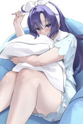1girl absurdres bare_legs blue_archive blue_pajamas cushion feet_out_of_frame highres hugging_object knees_up looking_at_viewer official_alternate_costume pajamas purple_eyes purple_hair sitting solo thick_thighs thighs tol10131 yuuka_(blue_archive) yuuka_(pajamas)_(blue_archive)