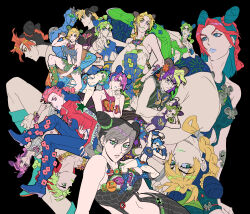 arm_tattoo arms_up black_hair blonde_hair blue_eyes blue_hair blue_lips braid braided_ponytail breasts bun_with_braided_base chair commentary_request crop_top double_bun frown green_eyes green_hair green_lips green_nails grey_hair hair_bun hair_ornament halterneck head_tilt highres jacket jeonjin_(mynamebazin) jojo_no_kimyou_na_bouken korean_commentary kuujou_jolyne leaf_hair_ornament medium_breasts micro_shorts miniskirt multicolored_hair multiple_persona navel_piercing official_alternate_costume official_alternate_hairstyle orange_eyes orange_hair piercing pin pink_eyes pink_hair pointing pointing_at_viewer purple_hair red_hair red_jacket shorts sitting skirt smile stand_(jojo) stone_free stone_ocean tattoo two-tone_hair wristband yellow_eyes