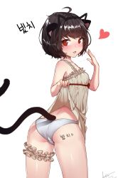 Rule 34 | 1girl, ahoge, animal ear hairband, animal ears, ass, blade &amp; soul, blush, body writing, brown hair, cat ear hairband, cat ears, cat tail, character name, clothes lift, commentary request, commission, commissioner name, cowboy shot, dress, dress lift, fake animal ears, finger to mouth, frilled dress, frilled thigh strap, frills, from behind, frown, furrowed brow, hairband, heart, highres, korean commentary, licking, licking finger, lifting own clothes, looking at viewer, looking back, lyn (blade &amp; soul), mole, mole under eye, original, panties, prunechi, red eyes, saliva, saliva trail, second-party source, short dress, short hair, signature, simple background, solo, sundress, tail, teasing, thigh strap, thighs, tjauddla, underwear, white background, white dress, white panties