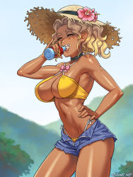 Rule 34 | 1girl, ^ ^, alternate breast size, areola slip, bikini, bikini under clothes, black choker, blonde hair, blue shorts, bottle, breast expansion, breasts, choker, cleavage, closed eyes, commission, criss-cross halter, cutoffs, dark-skinned female, dark areolae, dark skin, day, drinking, flower, halterneck, hat, hat flower, highleg, highleg bikini, highres, kuramitsu mihoshi, large breasts, milk, milk bottle, navel, open fly, open mouth, orchid, pinky out, shiny skin, short hair, shorts, side-tie bikini bottom, solo, speh, straw hat, swimsuit, teeth, tenchi muyou!, thighs, toned, underboob, upper teeth only, yellow bikini
