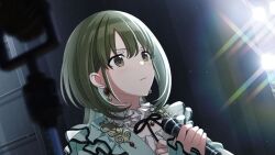 1girl earrings game_cg green_eyes green_hair holding holding_microphone idolmaster idolmaster_shiny_colors jewelry microphone multicolored_hair nanakusa_nichika neck_ribbon official_art ribbon solo